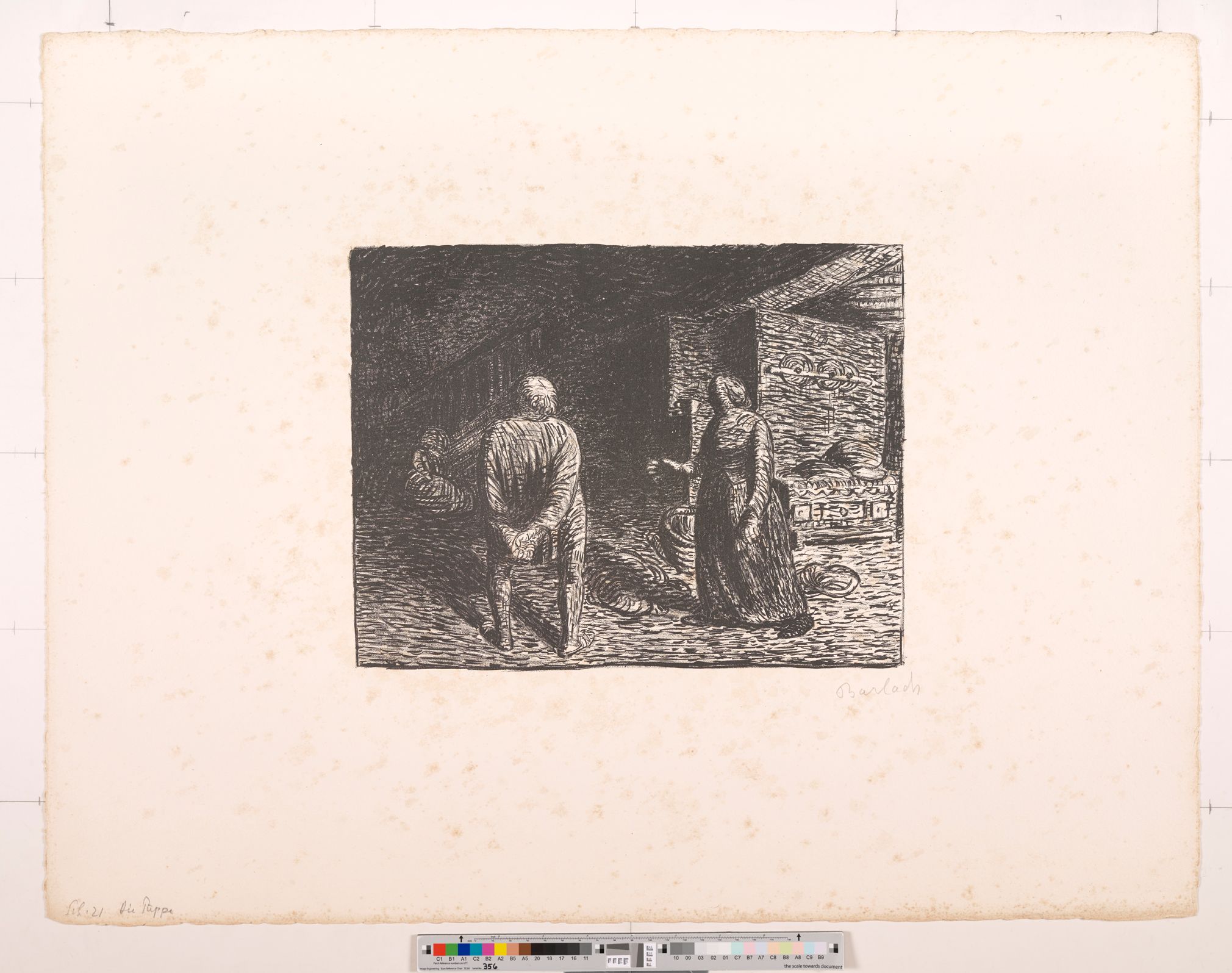 Zeichnung. Zwei stehende Personen (Mann, Frau) in einem Raum. Seitenansicht der Frau und Rückenansicht des Mannes.