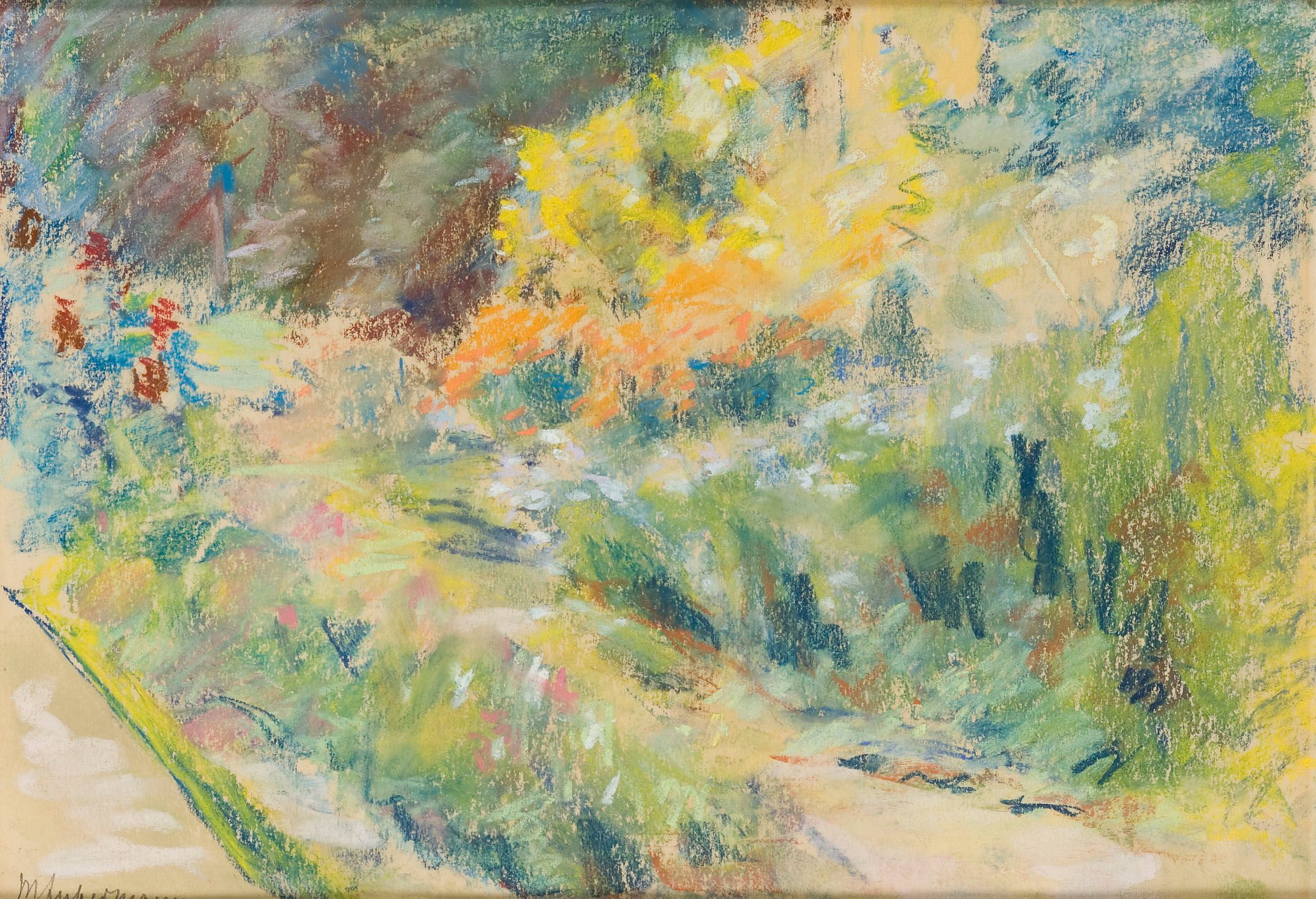 Pastell Zeichnung. Blumenbeete mit vielen verschiedenen Blumensorten und Blüten.