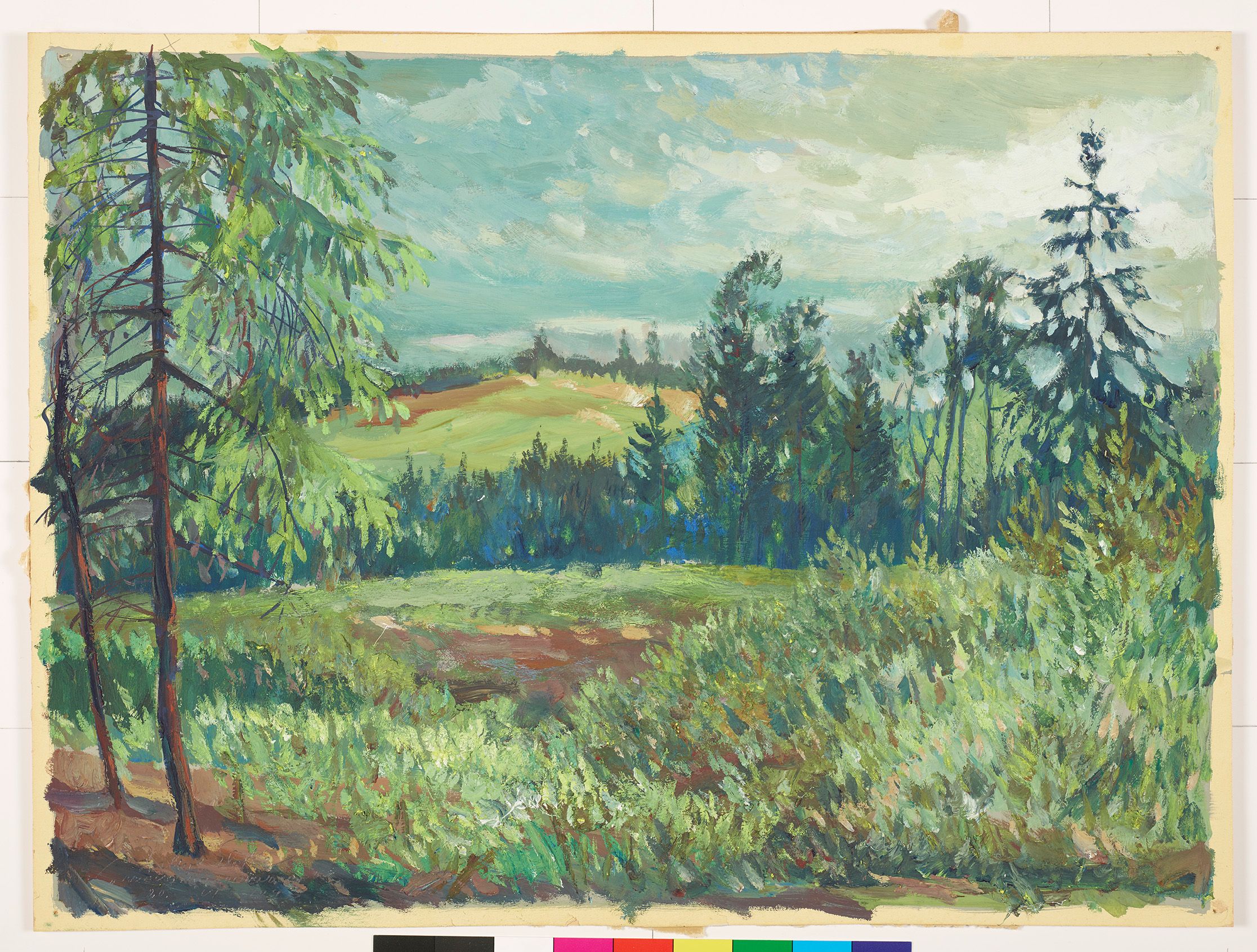 Landschaftsmalerei mit grünen Bäumen und Hügeln.