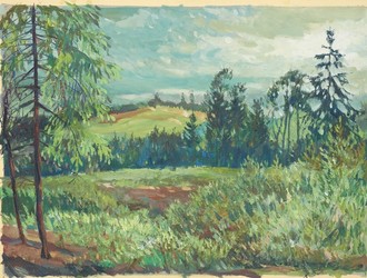 Landschaftsmalerei mit grünen Bäumen und Hügeln.