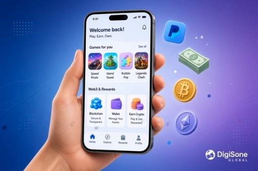 Smartphone displaying free-to-play games that pay real cash and cryptocurrency, with PayPal and crypto icons, representing zero-investment earning platforms in 2026 – DigiSone Global guide.