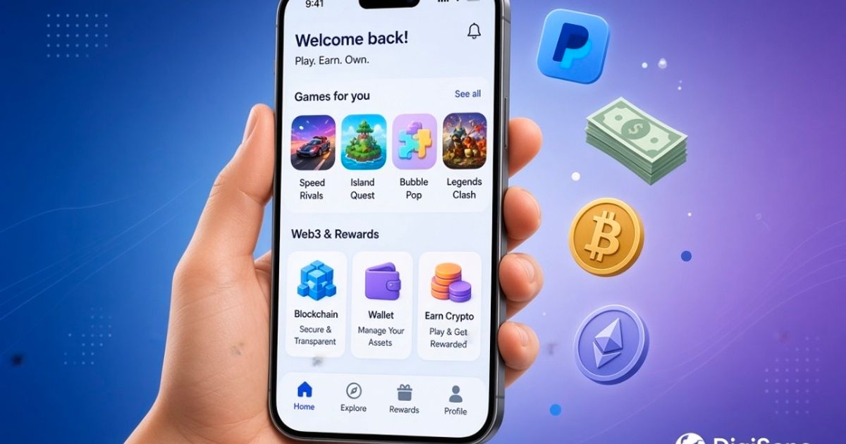 Smartphone displaying free-to-play games that pay real cash and cryptocurrency, with PayPal and crypto icons, representing zero-investment earning platforms in 2026 – DigiSone Global guide.