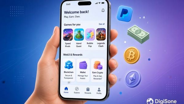 Smartphone displaying free-to-play games that pay real cash and cryptocurrency, with PayPal and crypto icons, representing zero-investment earning platforms in 2026 – DigiSone Global guide.