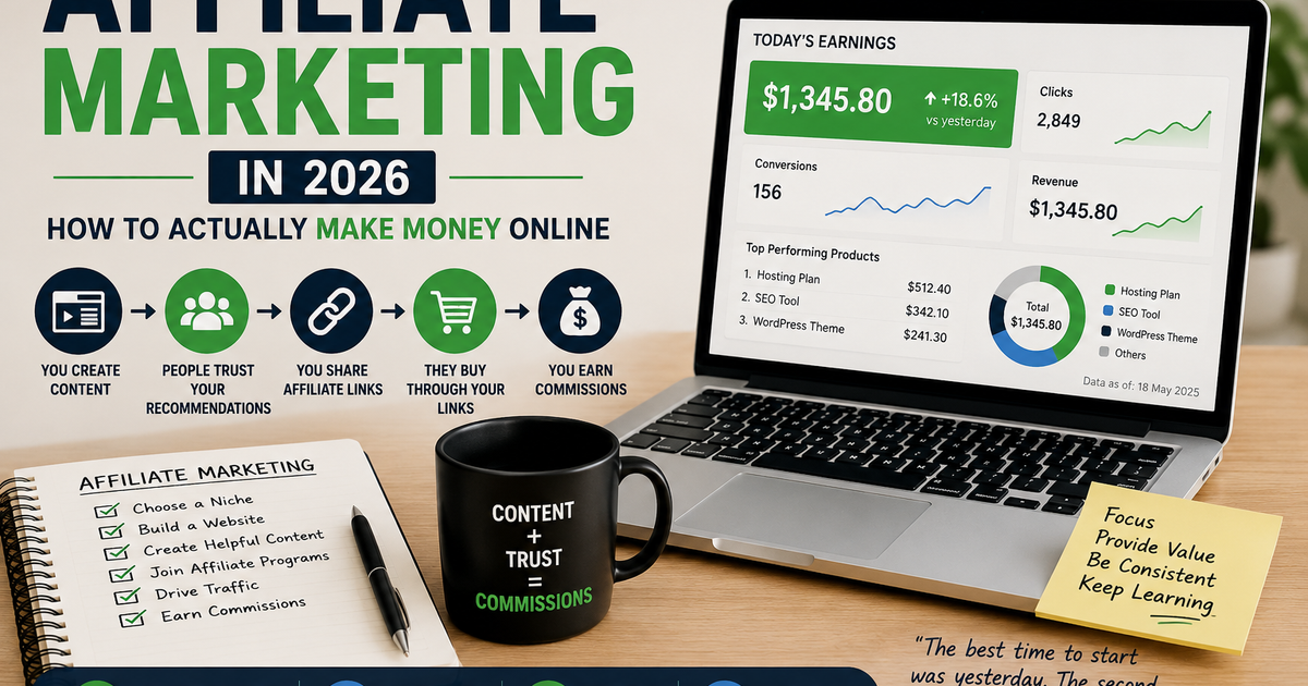 Affiliate marketing in 2026 showing how content, audience trust, affiliate links, product recommendations, and online sales generate commissions