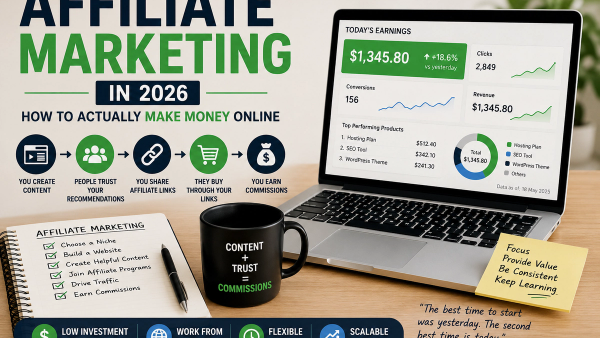 Affiliate marketing in 2026 showing how content, audience trust, affiliate links, product recommendations, and online sales generate commissions