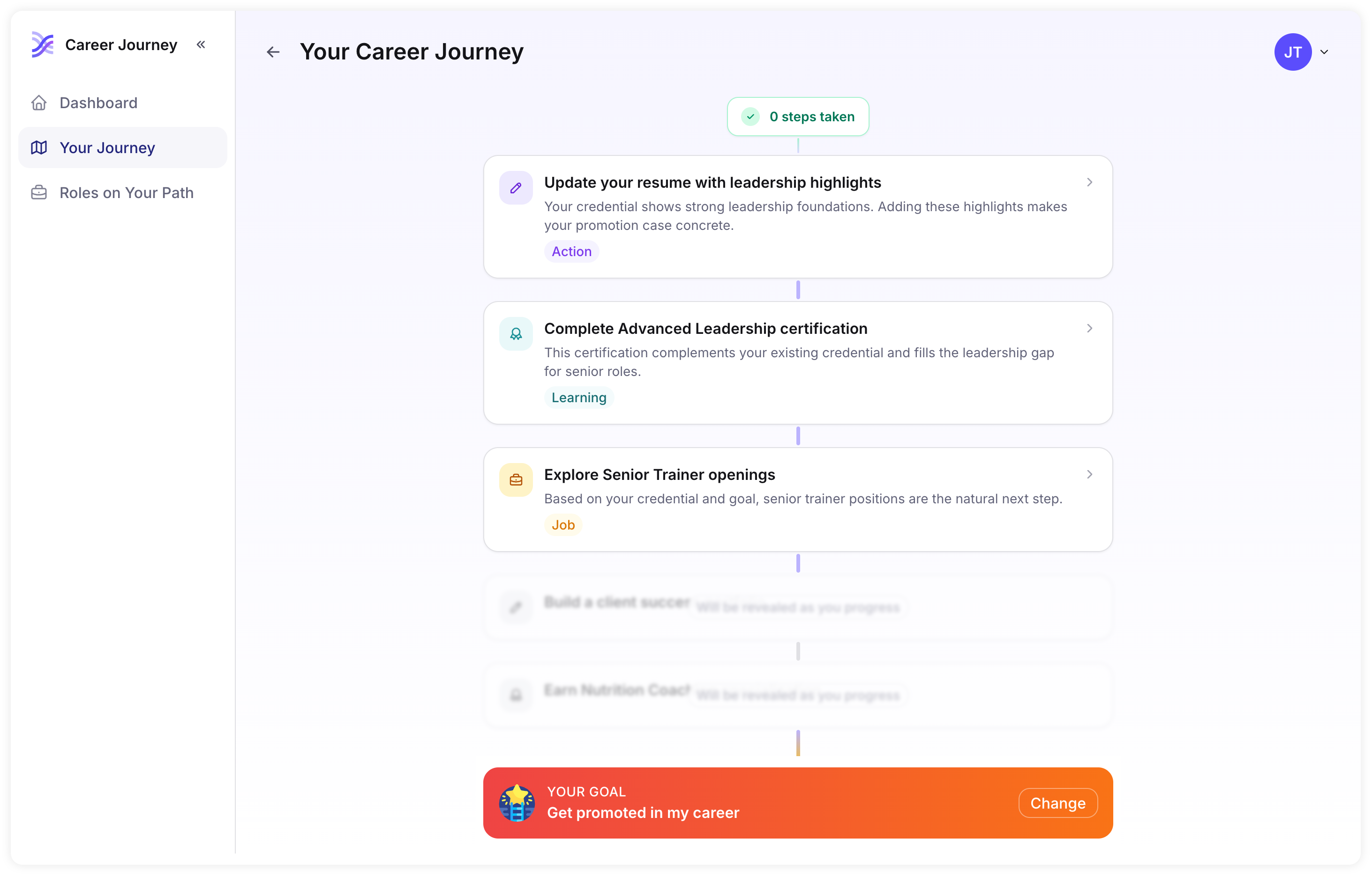 Career Journey interface inside an Accredible digital credential, showing recommended next steps including resume updates, an Advanced Leadership certification, and an Explore Senior Trainer openings card