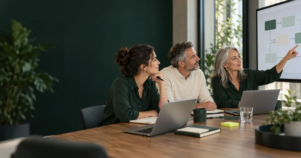 Team bespricht am Bildschirm einen Workflow zur Einführung von KI im Unternehmen