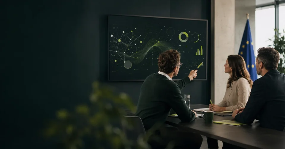 Business-Meeting vor Bildschirm mit KI-Diagrammen