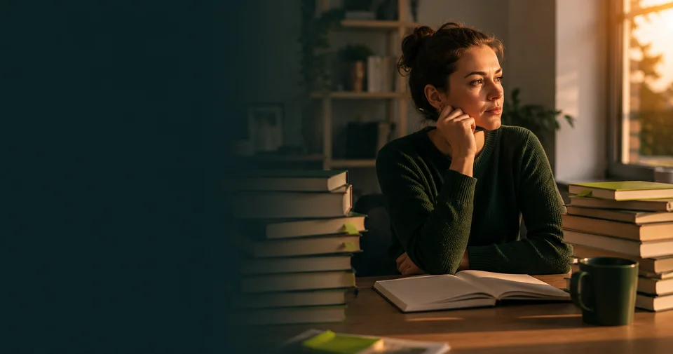 Person sitzt nachdenklich zwischen zwei Bücherstapeln
