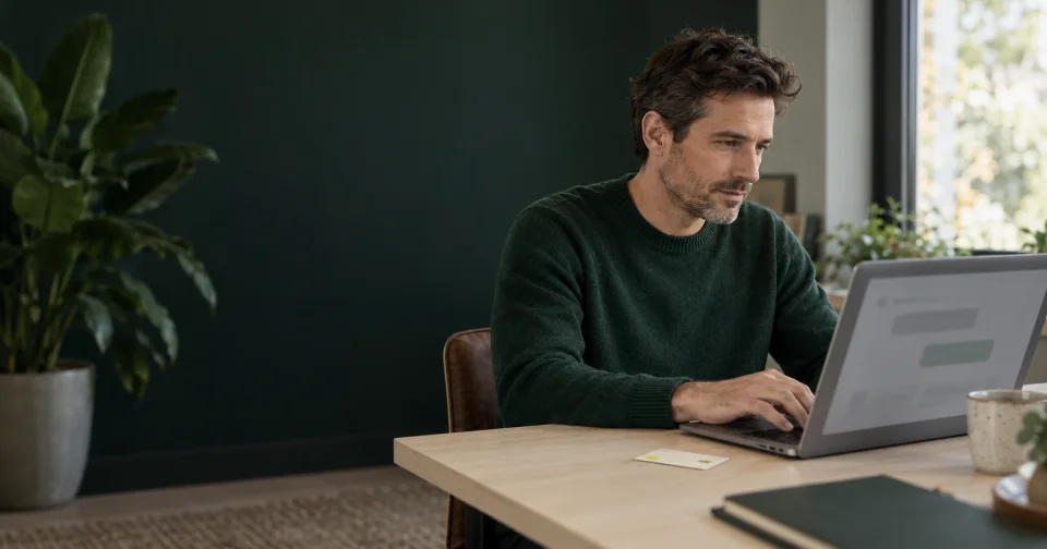 Mann arbeitet am Laptop mit einem KI-Assistenten, neben ihm liegt eine Zertifikatskarte