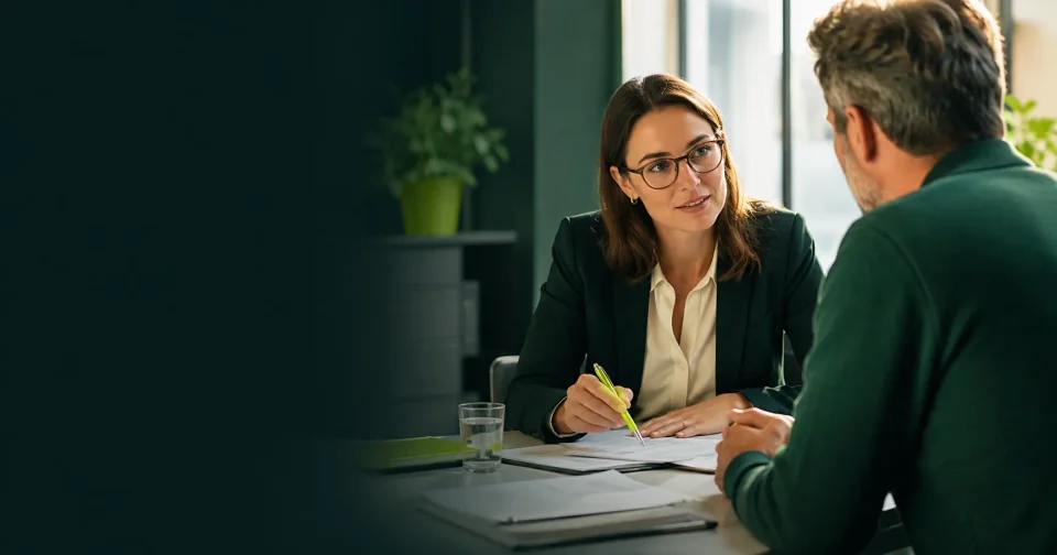 Beratungsgespräch: zwei Personen besprechen Unterlagen am Schreibtisch