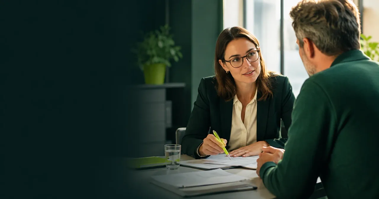 Beratungsgespräch: zwei Personen besprechen Unterlagen am Schreibtisch