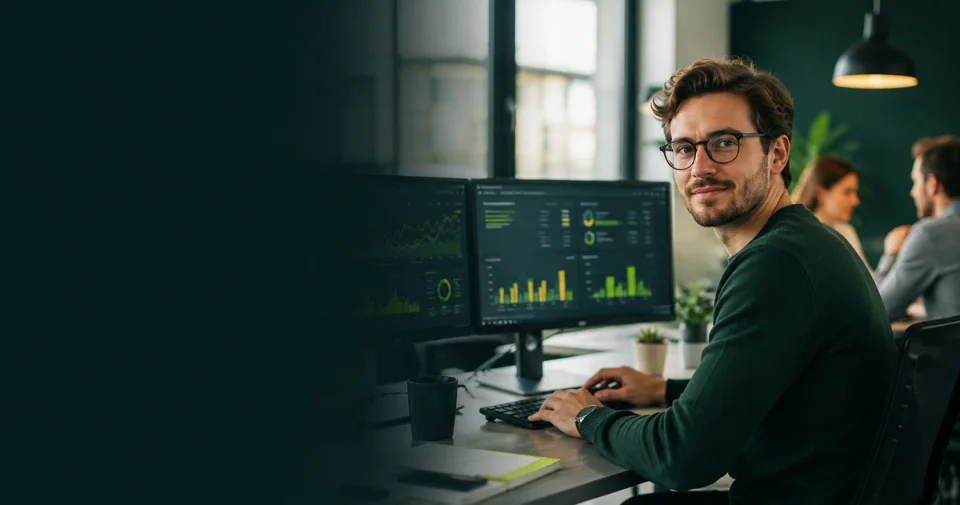 Fachkraft arbeitet an zwei Monitoren mit Dashboards