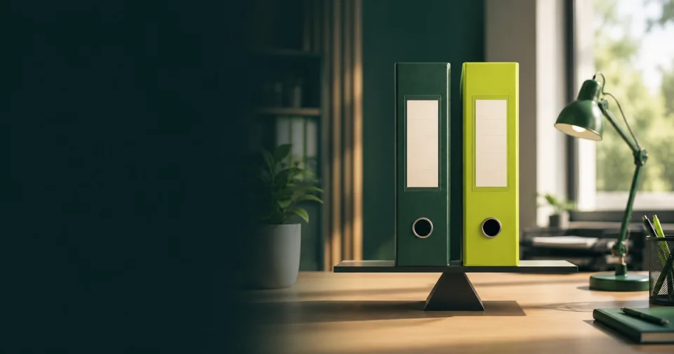 Zwei Aktenordner in symmetrischer Gegenüberstellung auf einem Schreibtisch