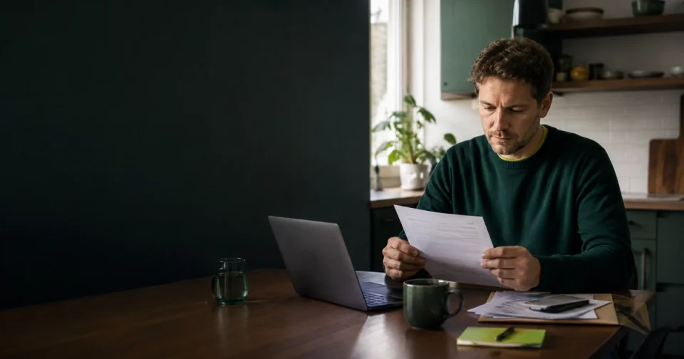 Person liest amtlichen Brief am Küchentisch neben Laptop