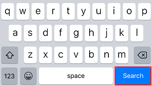 Screenshot of the keyboard within the Messages app with the Search button outlined with a red box.