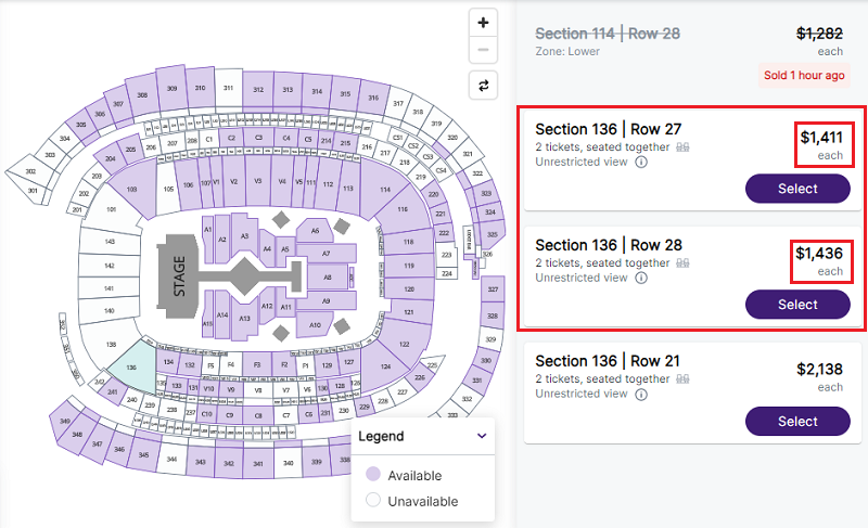 Similarly priced concert tickets on a ticket website