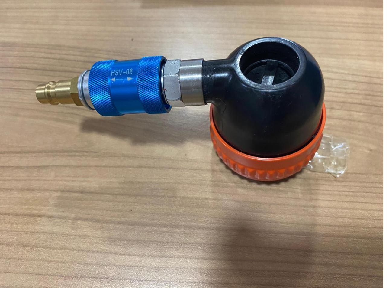 PAKKORA konteyner hava yastığı şişirme adaptörü — mavi hızlı bağlantı contası ve pirinç nipel detayı