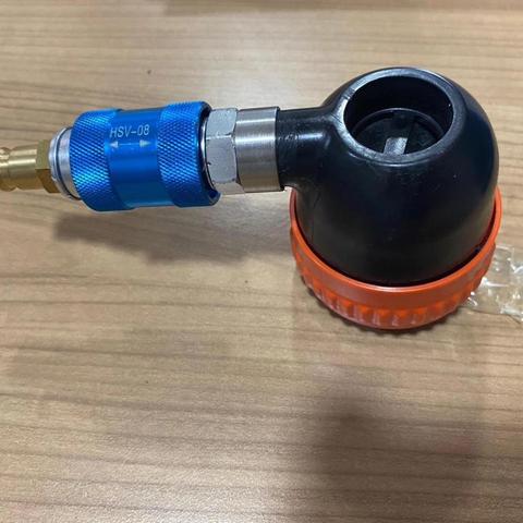 PAKKORA konteyner hava yastığı şişirme adaptörü — mavi hızlı bağlantı contası ve pirinç nipel detayı