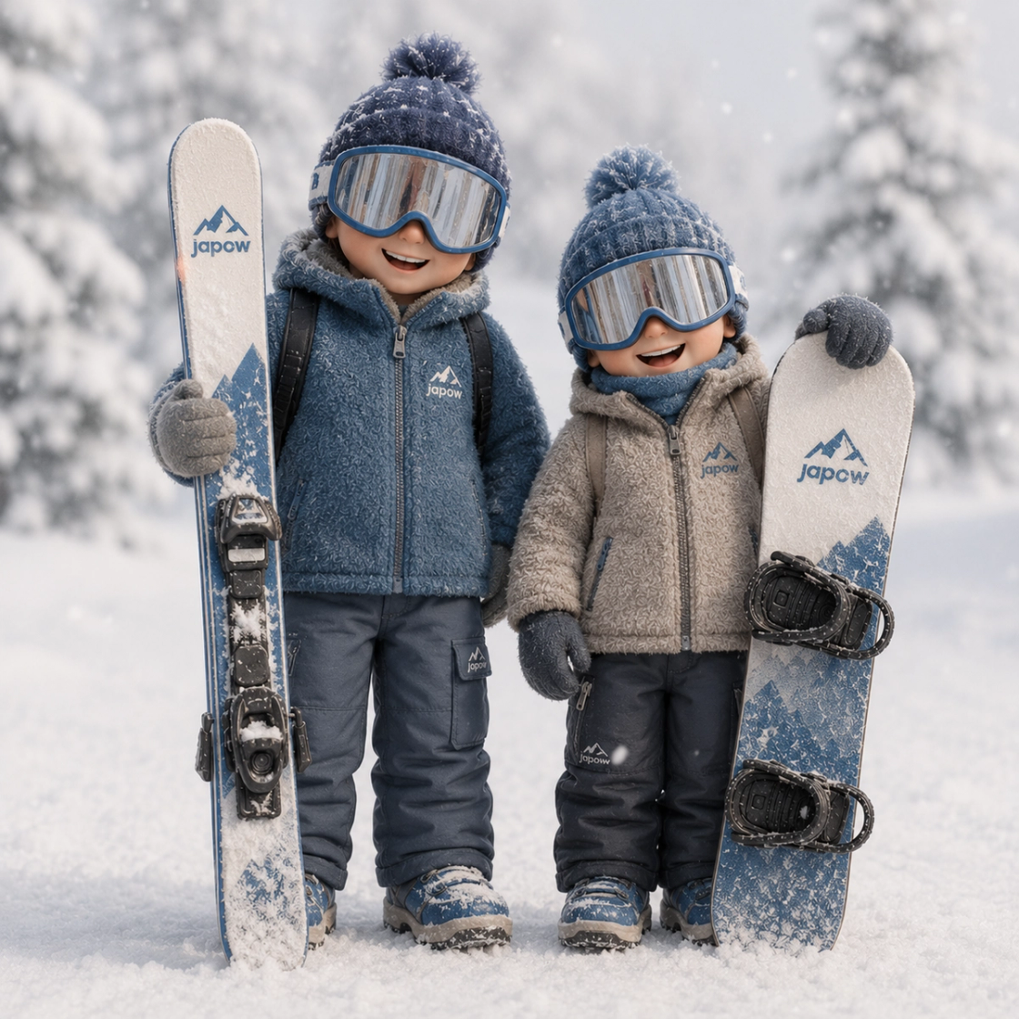 Two young children in ski gear holding Japow branded skis and a snowboard