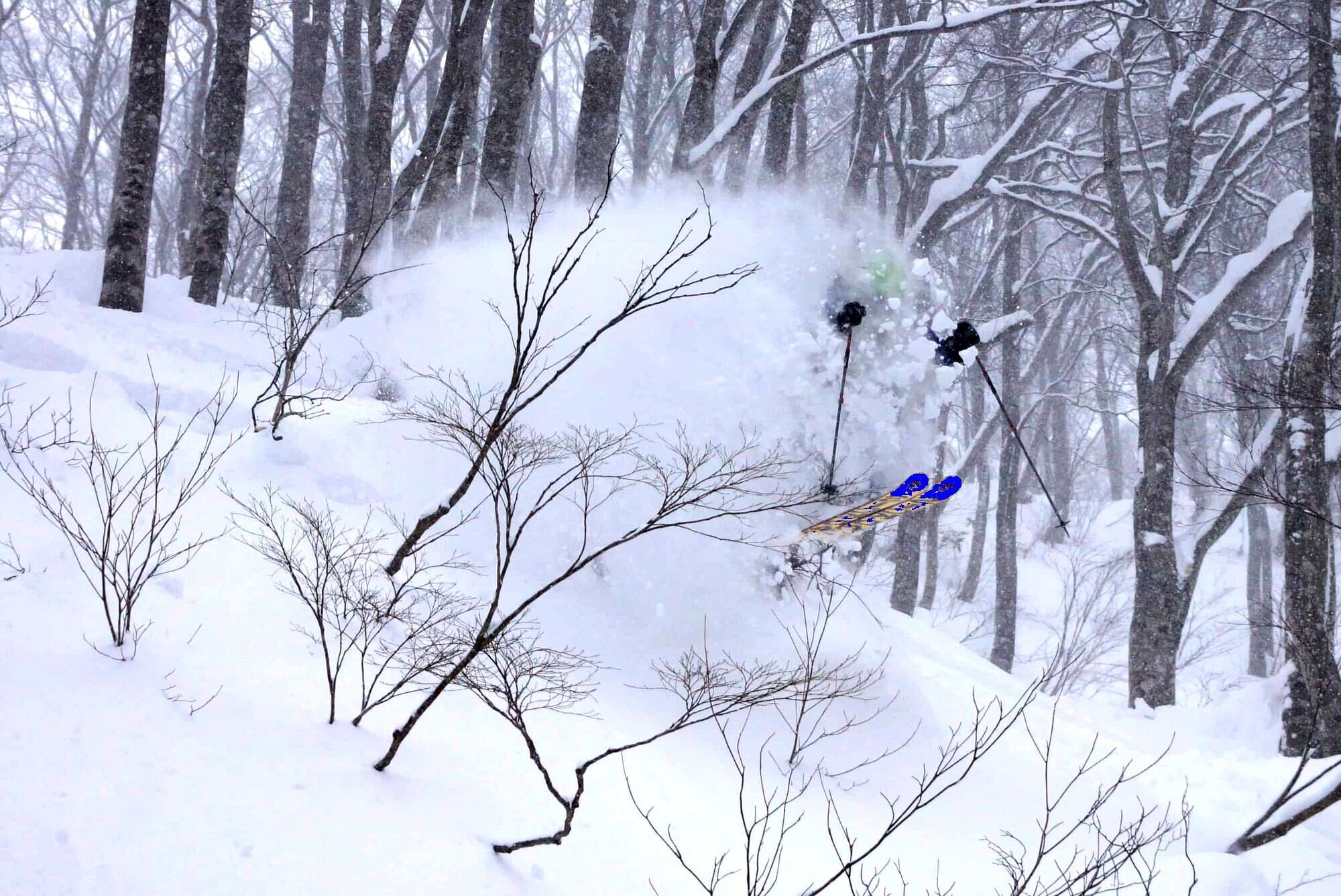 Sending it in trees at Tenjin - everyones a hero in Japow