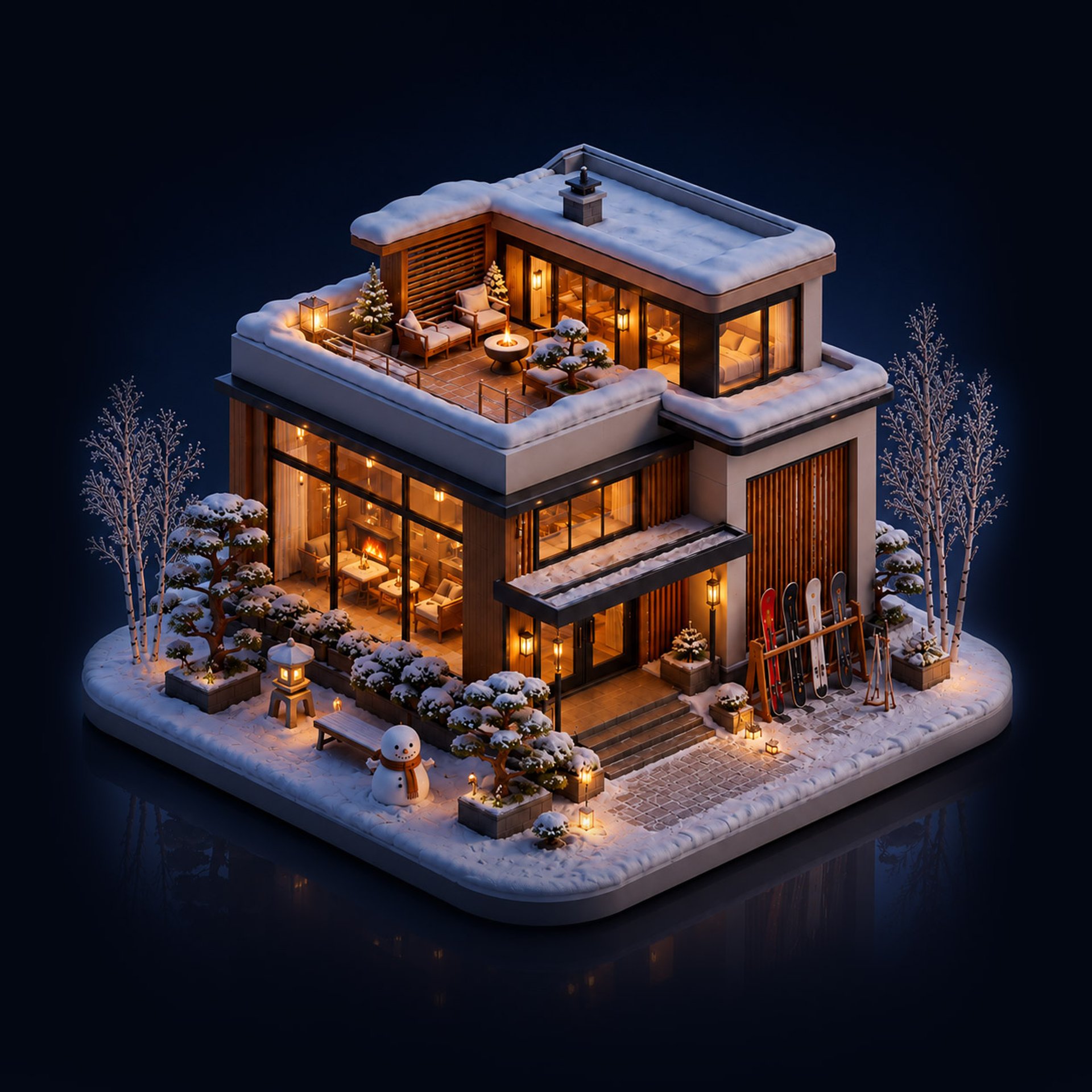 3d graphic showing a ski hotel in japan