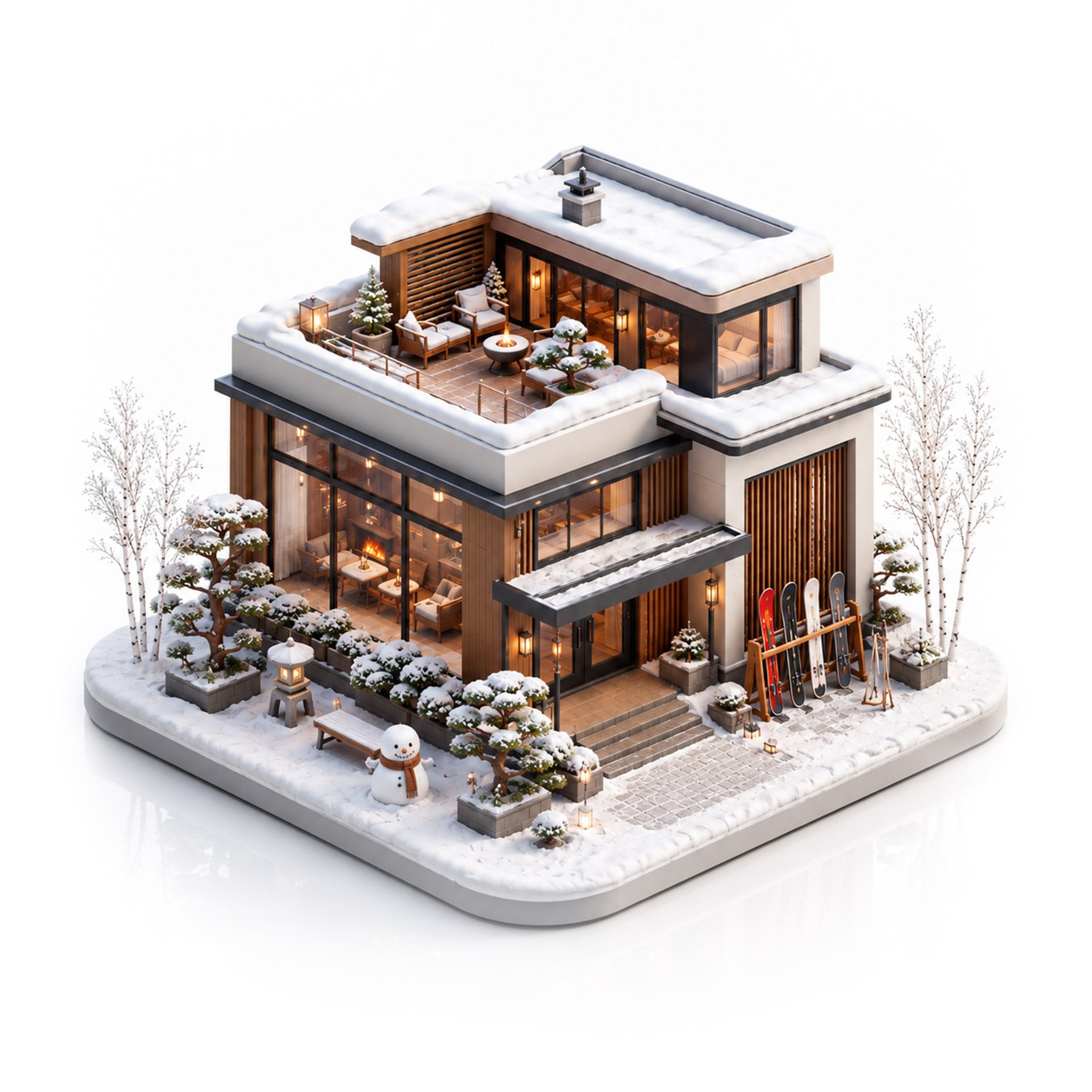 3d graphic showing a ski hotel in japan