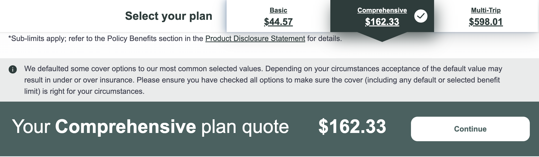 Travel Insurance Direct quote for one adult travelling to Japan from 3 to 9 January 2027: Comprehensive plan A$162.33