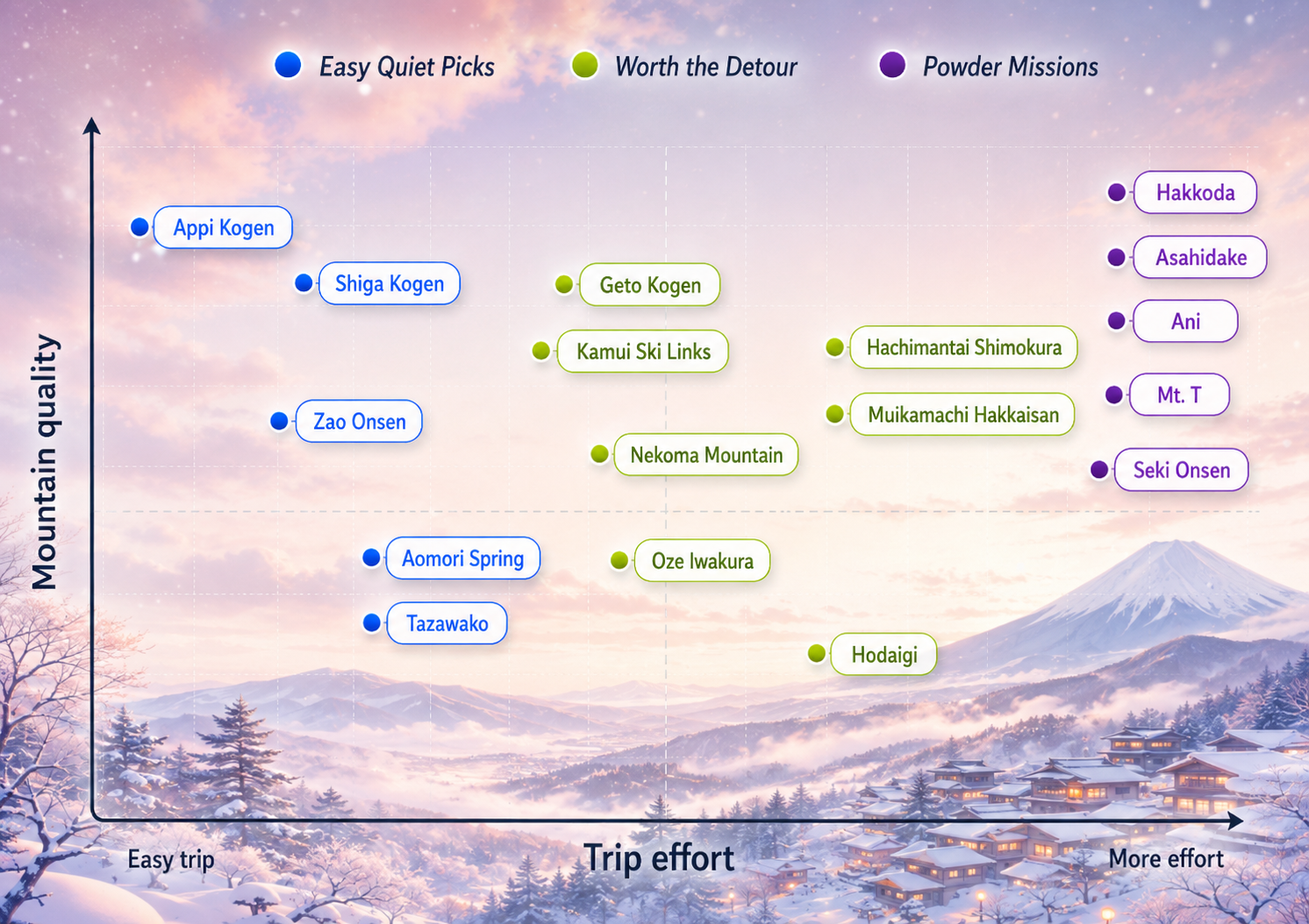 Scatter graph of resorts on a mountain quality vs trip effort