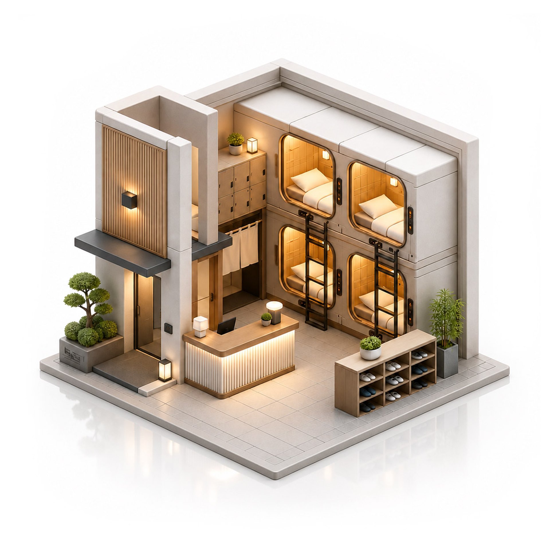 3D graphic of a capsule hotel