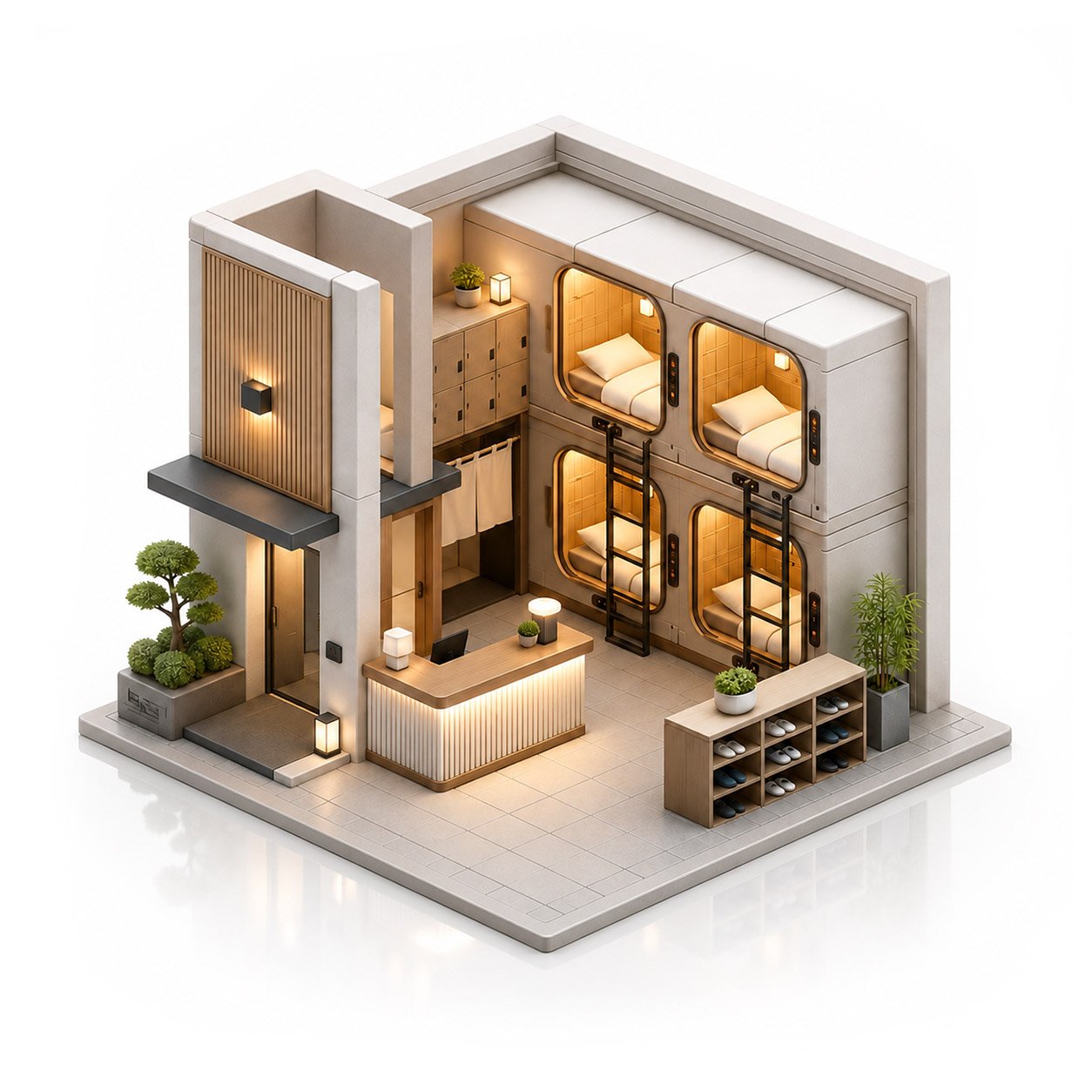 3D graphic of a capsule hotel