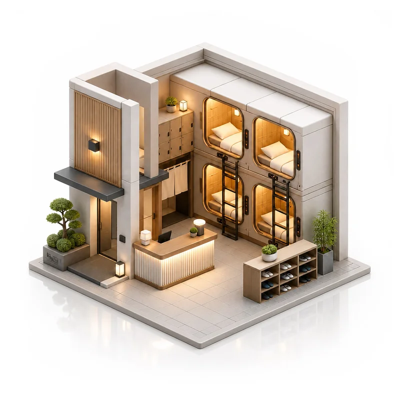 3D graphic of a capsule hotel
