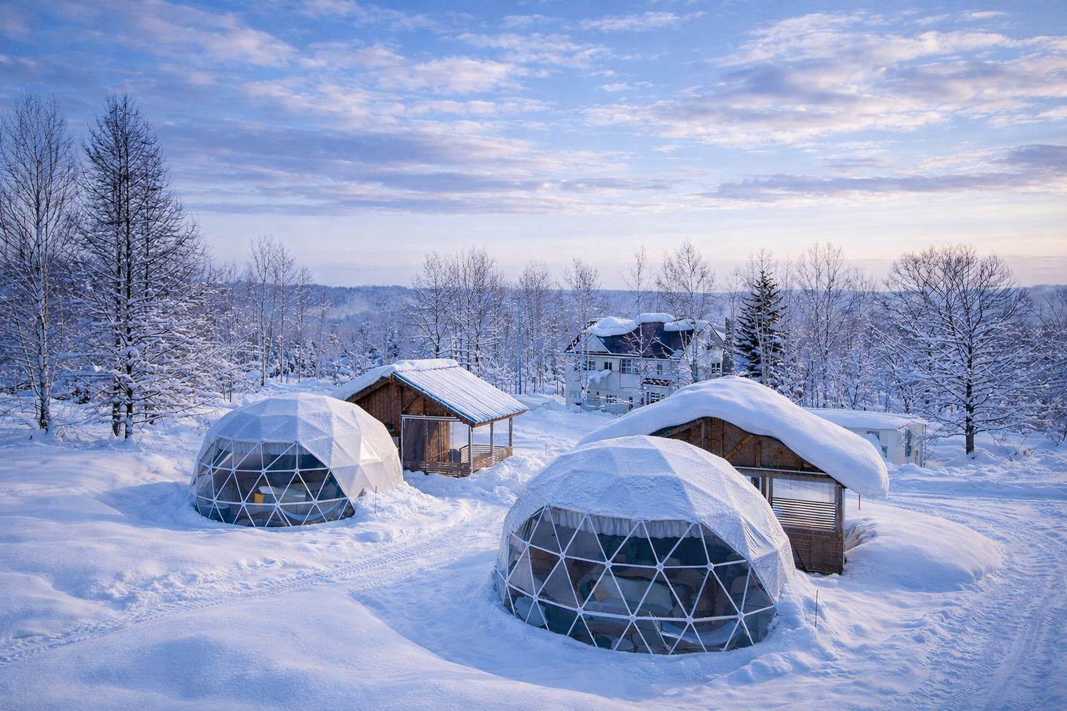 Glamping tents in the snow