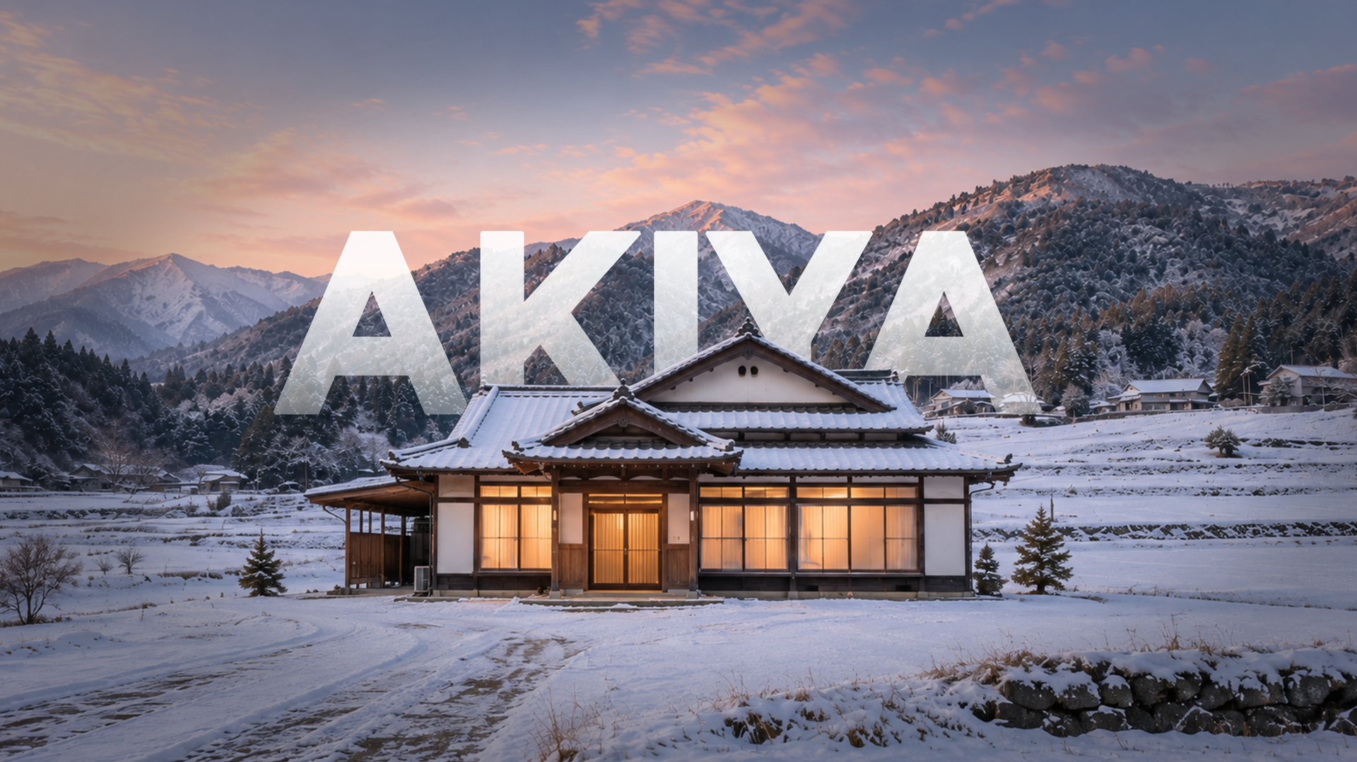 A traditional Japanese house lit from within at dusk, alone in a snow-covered valley below the mountains