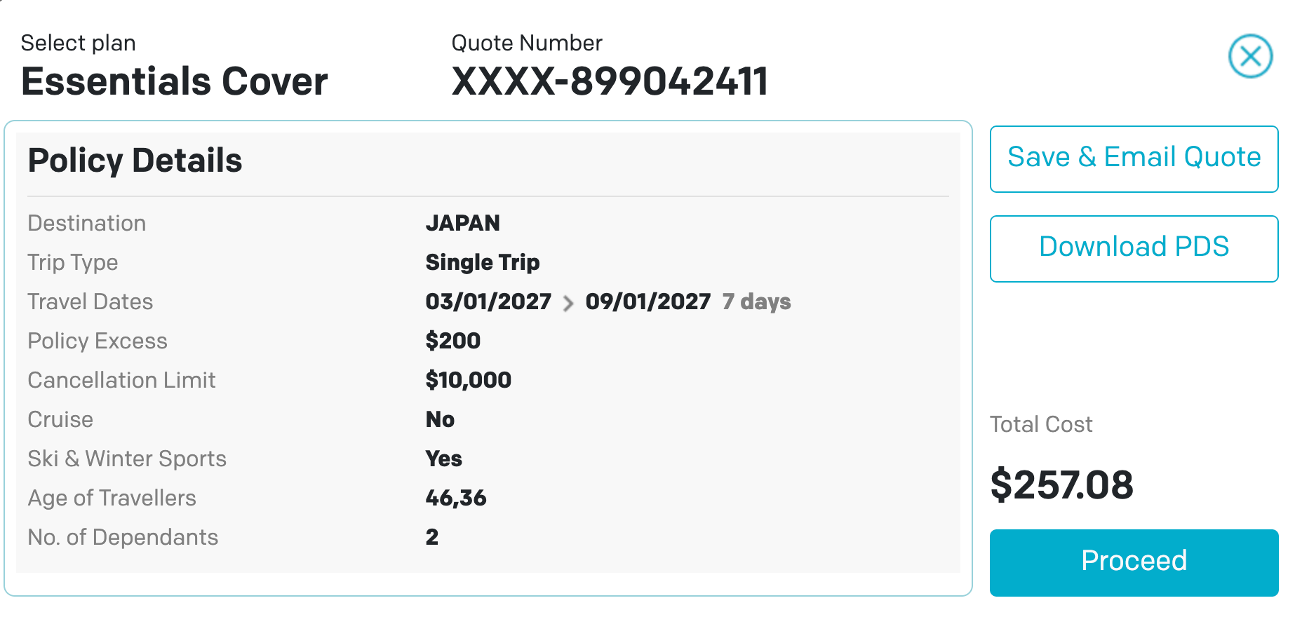 World2Cover Essentials Cover quote for two adults aged 46 and 36 and two dependants to Japan from 3 to 9 January 2027 with Ski and Winter Sports, total A$257.08