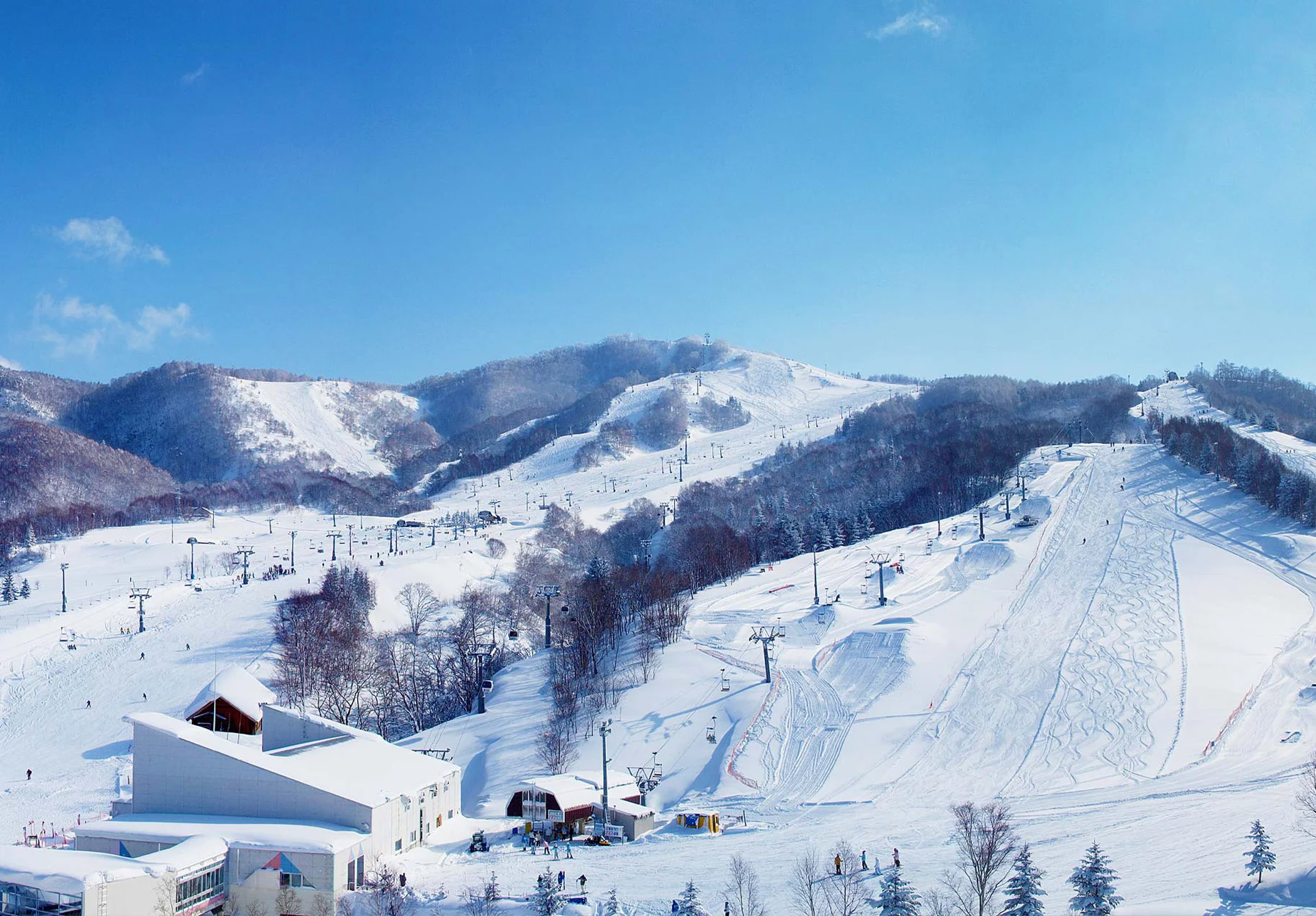 Mount Racey Ski Resort from above on a perfect bluebird day