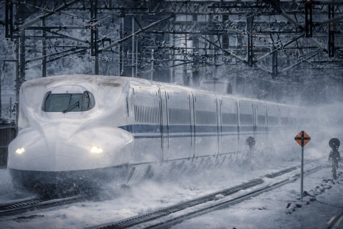 A shinkansen powering through falling snow past a station
