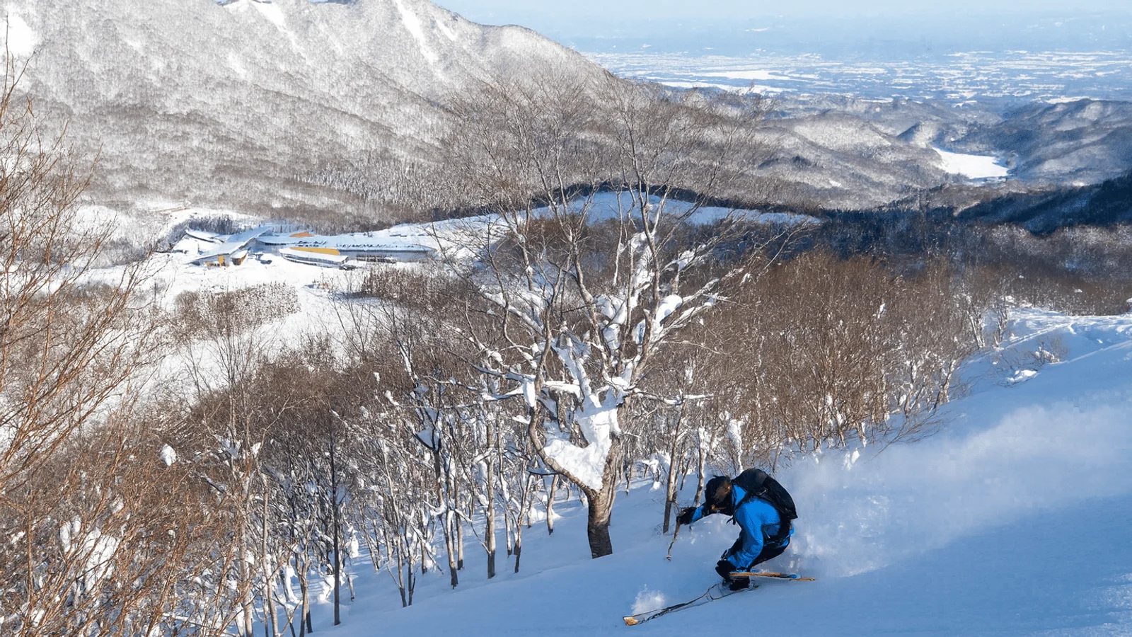 Skier bombing down sidecountry pow with Geto Kogen in the background