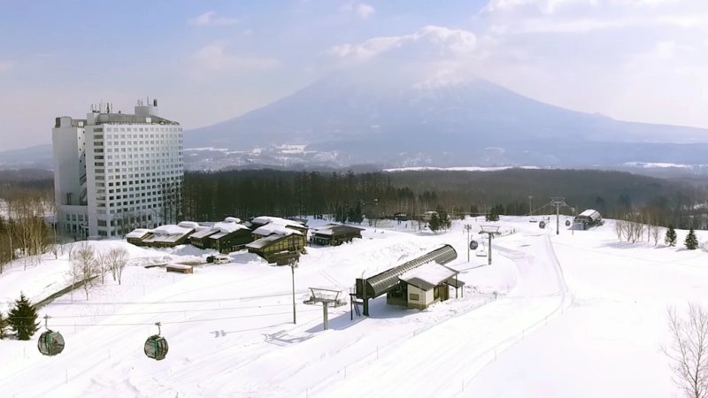 Niseko Village from above with gondola in action