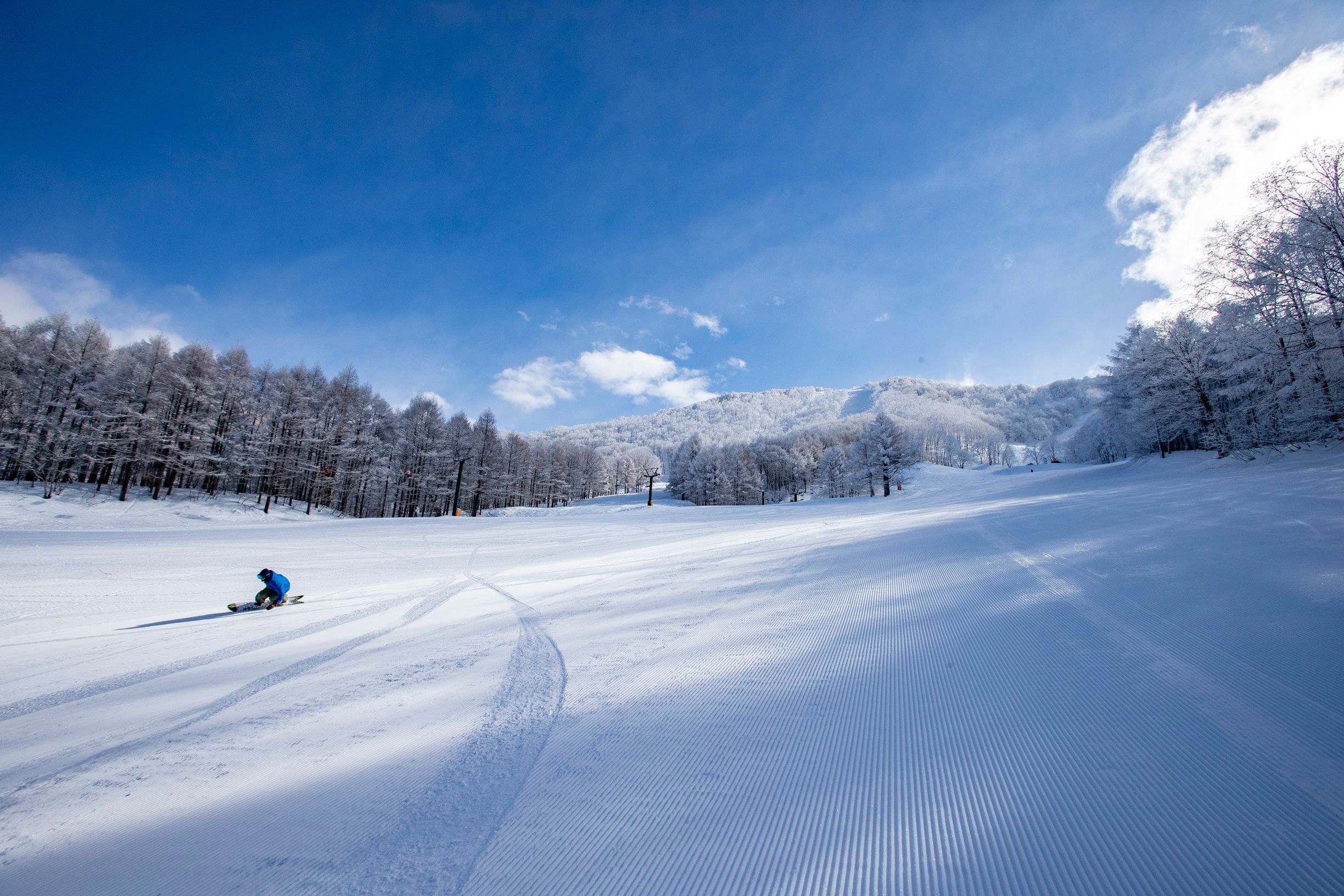 Snowboarder making turns on the corduroy 