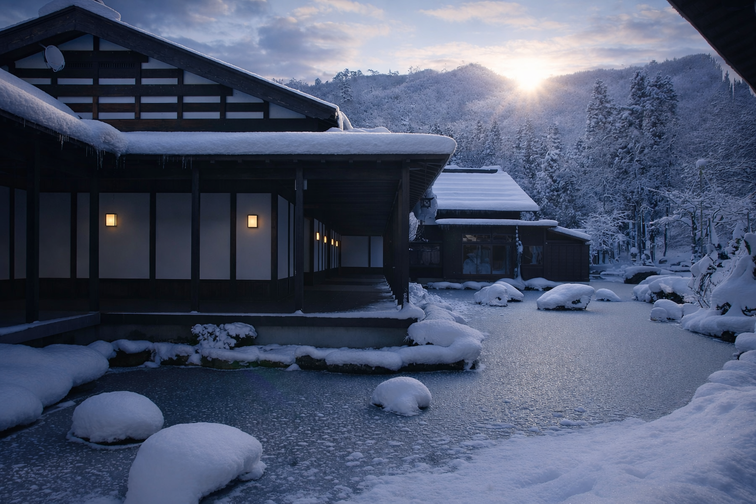 Views of a beautiful Ryokan Accommodation as the sun comes up