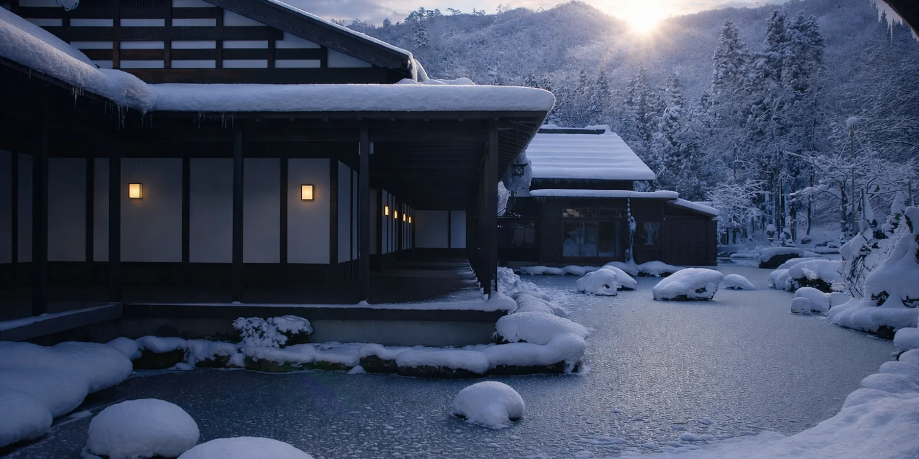 Views of a beautiful Ryokan Accommodation as the sun comes up