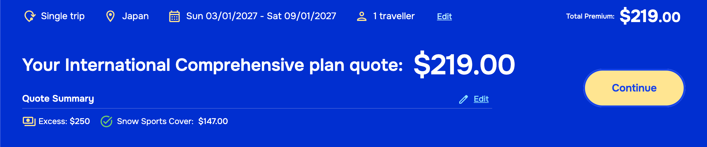 Cover-More International Comprehensive quote for one traveller to Japan from 3 to 9 January 2027 with on-piste Snow Sports Cover A$147, total A$219 with a A$250 excess
