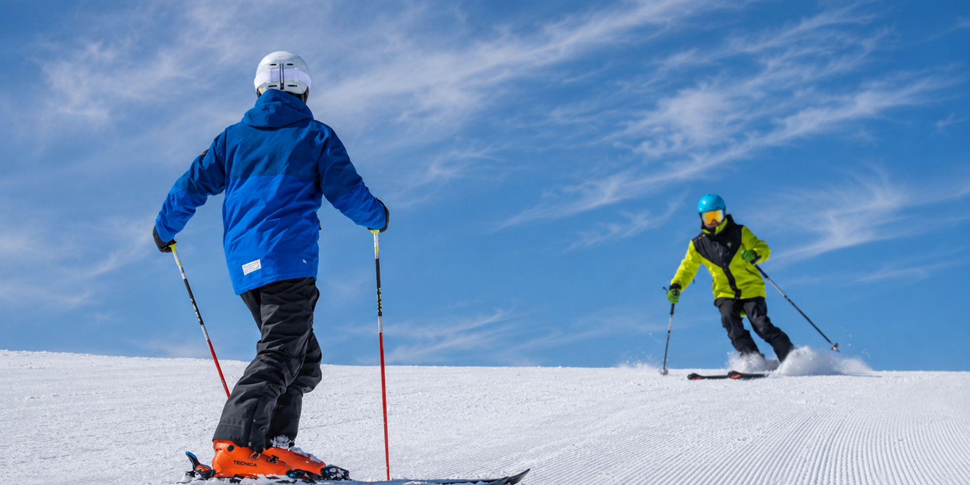 Ski instructor giving an English ski lesson on a snowy Japanese mountain