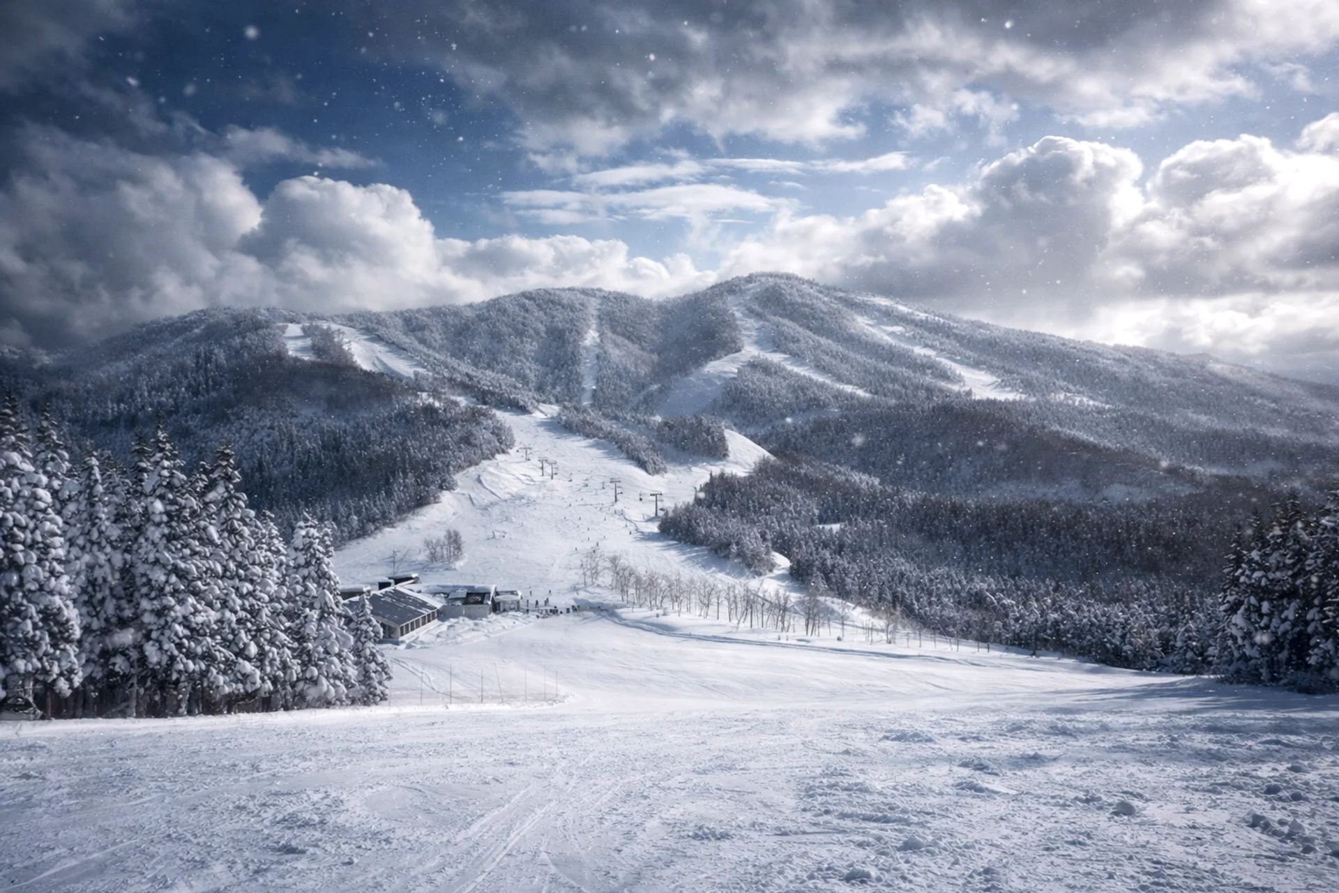 Looking up the ski runs at Meiho Ski resort