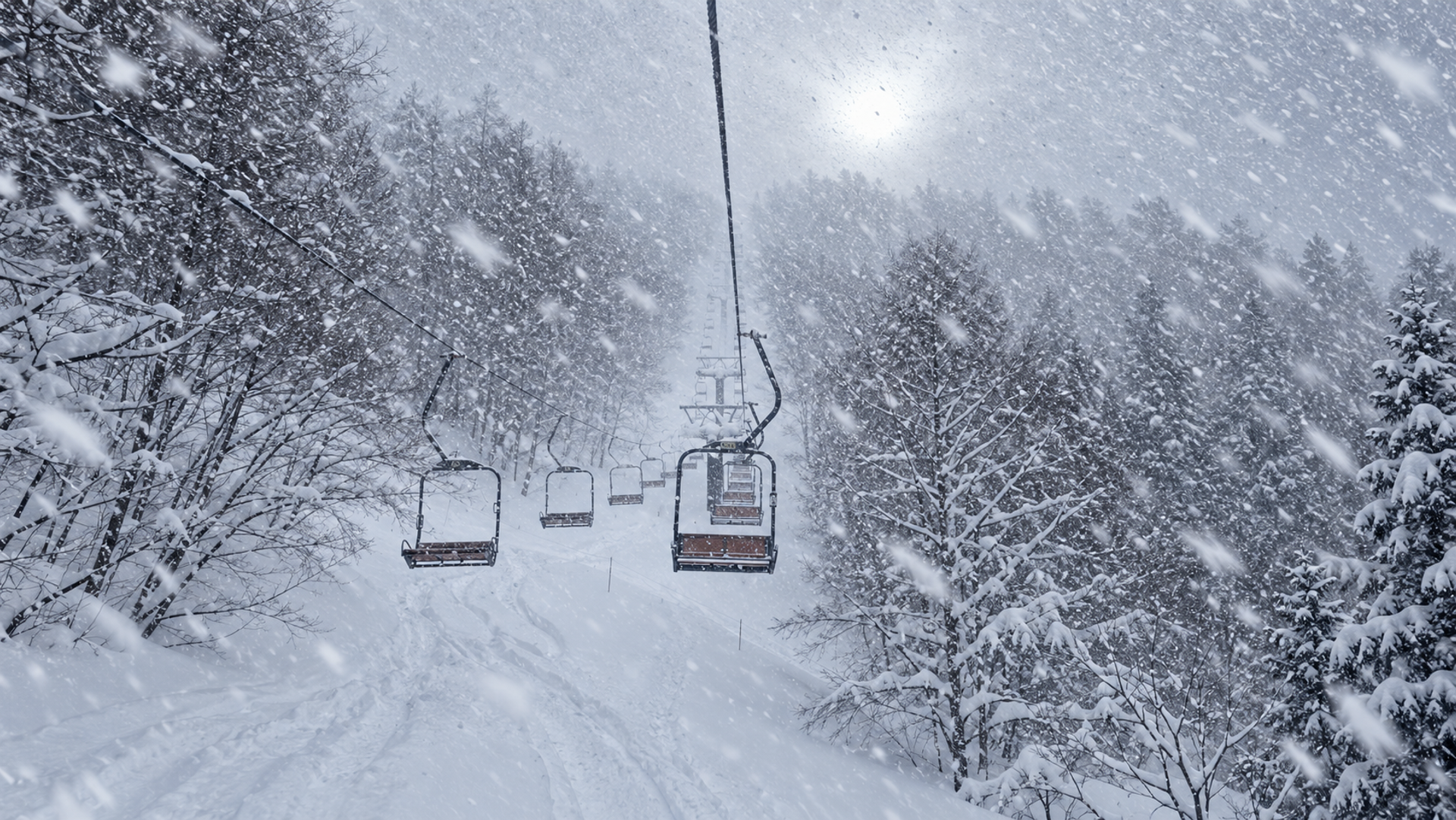Heavy snow falling on a chairlift at a Japanese ski resort