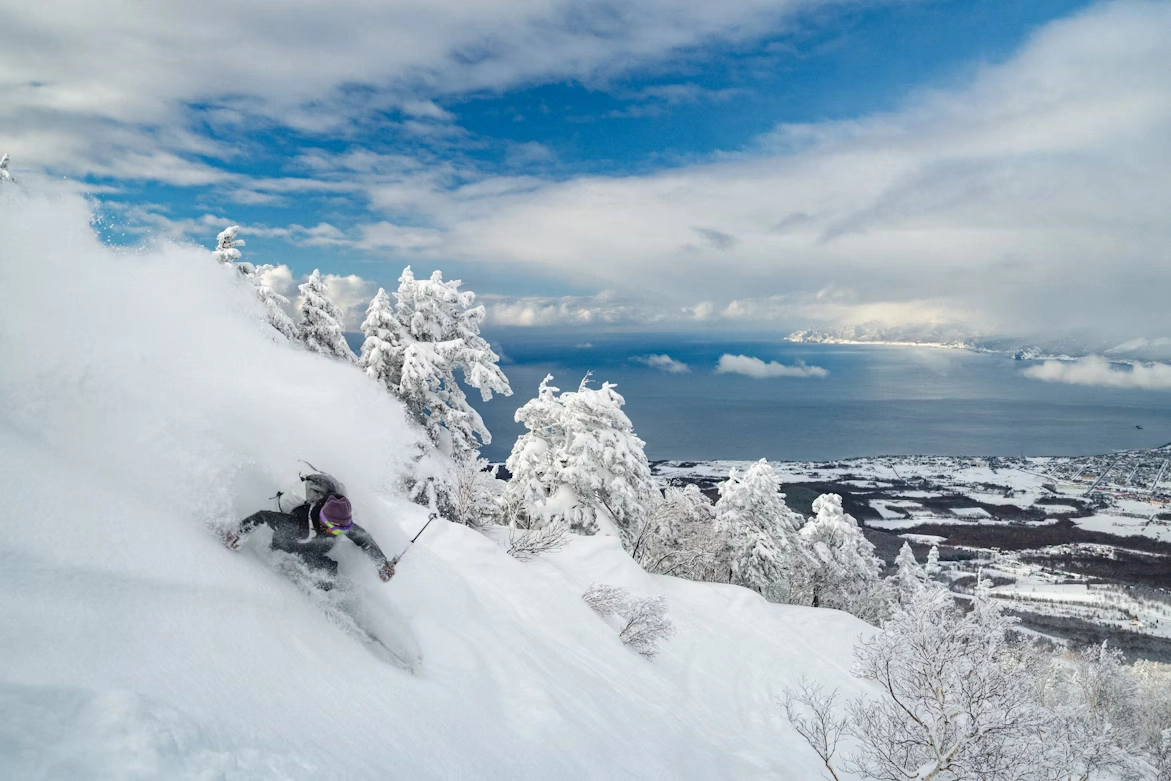 Skier enjoying the japow with Sea of Japan in the background