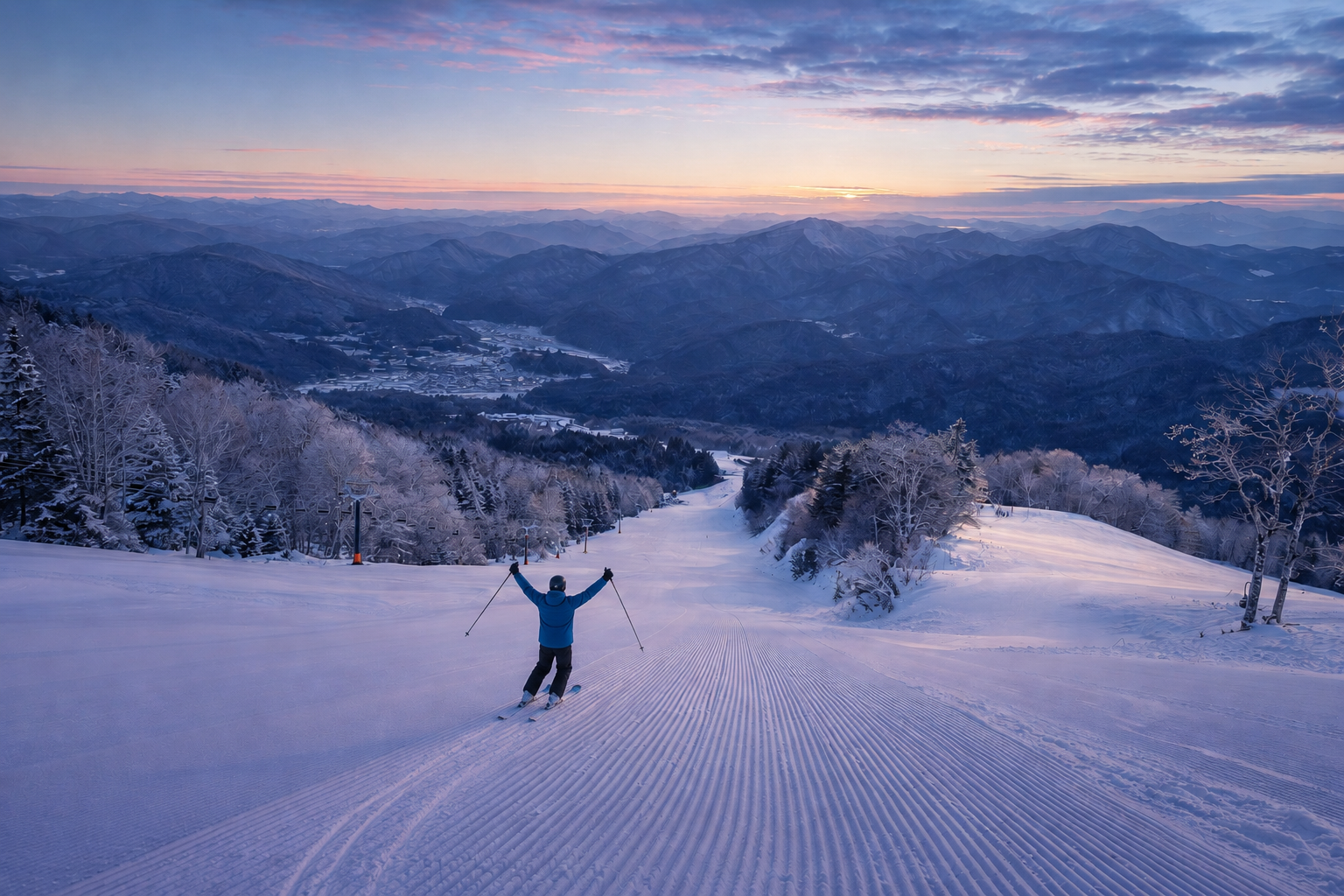 Empty ski run in Japan with no crowds