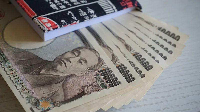Japanese Yen notes fanned out in a book
