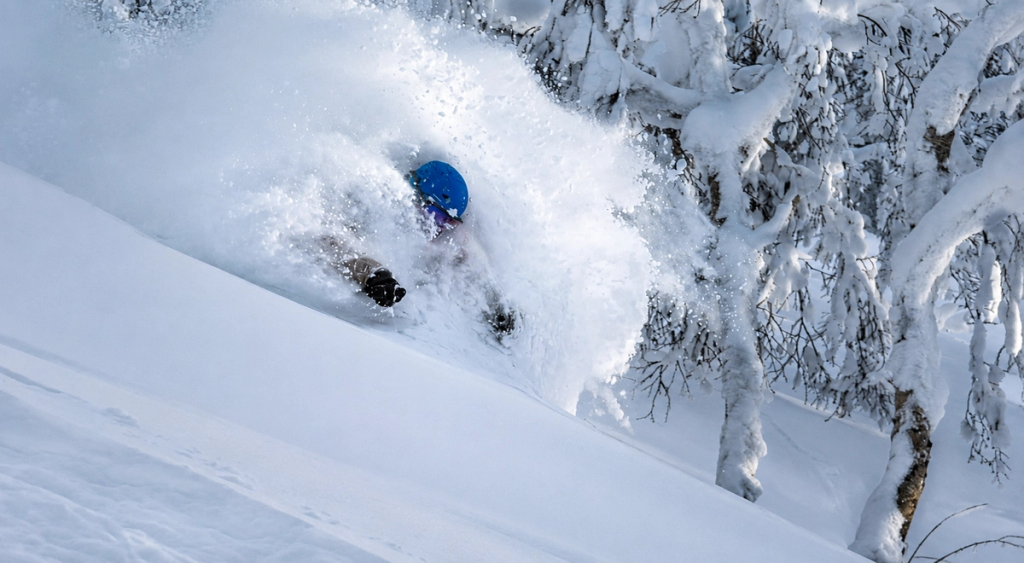 Skier neck deep in Japanese powder
